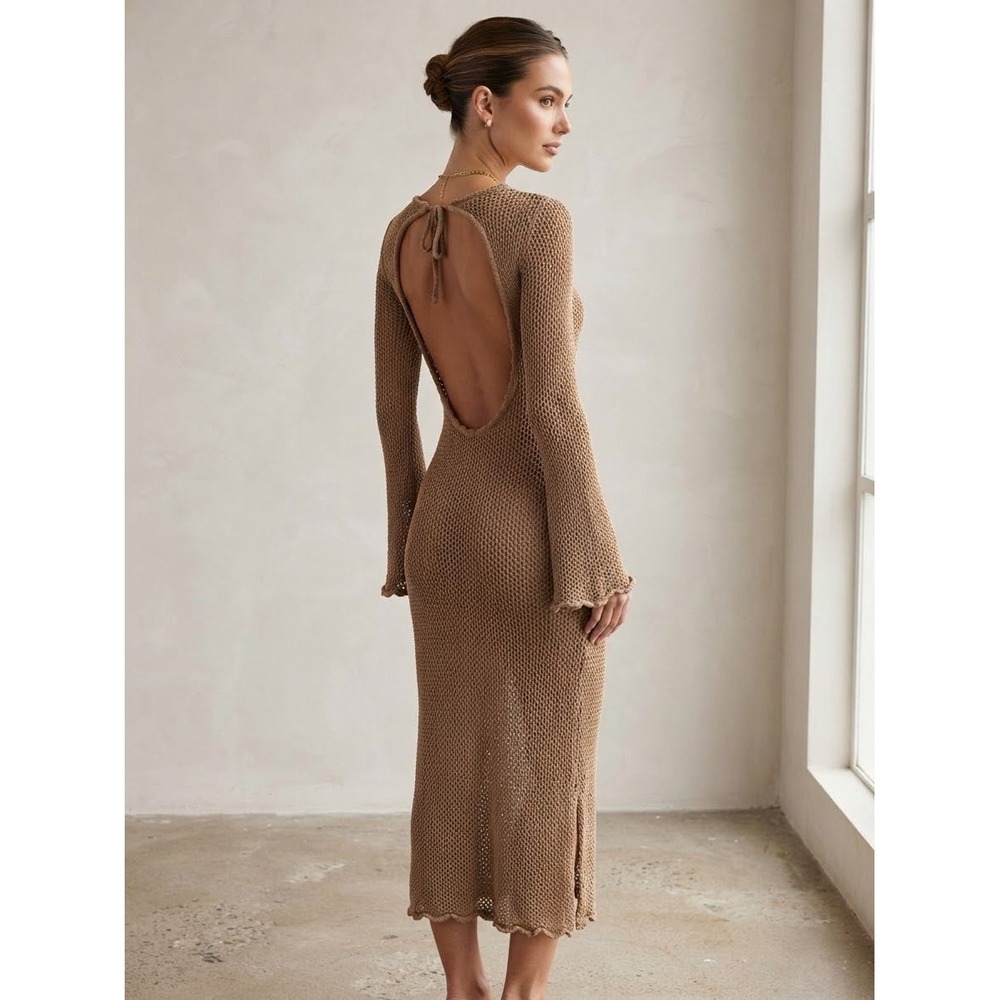 Open Knit Crochet Backless Midi Dress Long Bell Sleeve Tan Boho Beach Coverup